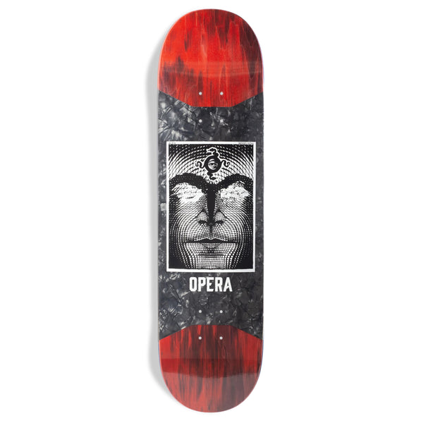 A 7-ply skateboard deck with the word OPERA PERELSON NO EVIL on it made from North American Maple.