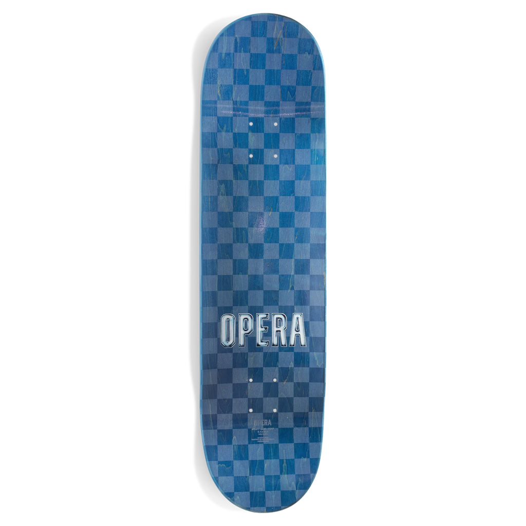 A OPERA skateboard deck made from North American Maple, featuring a blue geometric pattern and the word "opera" in white centered text.