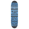 Introducing the PEPPER ALPHANUMERIC CUSTOM GRIPTAPE KIT from PEPPER: Blue skateboard deck featuring black text and symbols, including "SKATE & DESTROY!", "DON'T@ME", "I❤️TACOS AND KICKFLIPS", "#DIAL# 555 FILK", and "WAX DRY CURBS". The kit includes perforated pepper griptape on top and a checkerboard pattern at the bottom.