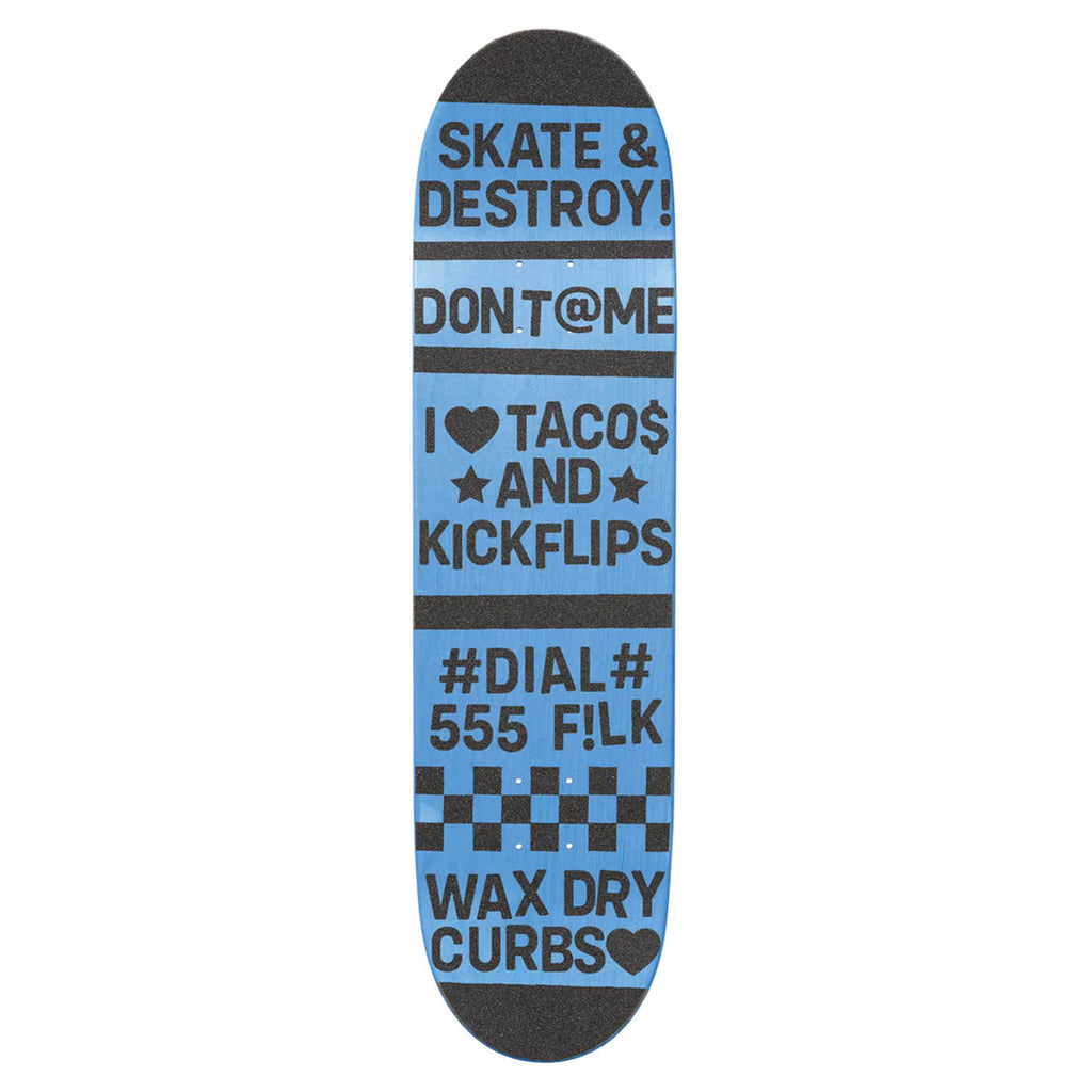 Introducing the PEPPER ALPHANUMERIC CUSTOM GRIPTAPE KIT from PEPPER: Blue skateboard deck featuring black text and symbols, including "SKATE & DESTROY!", "DON'T@ME", "I❤️TACOS AND KICKFLIPS", "#DIAL# 555 FILK", and "WAX DRY CURBS". The kit includes perforated pepper griptape on top and a checkerboard pattern at the bottom.