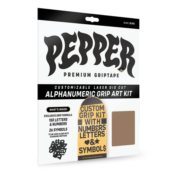 Packaging of the PEPPER Alphanumeric Custom Griptape Kit, featuring an alphanumeric grip art kit with 150 letters and numbers, 26 symbols, and an exclusive perforated grip formula.