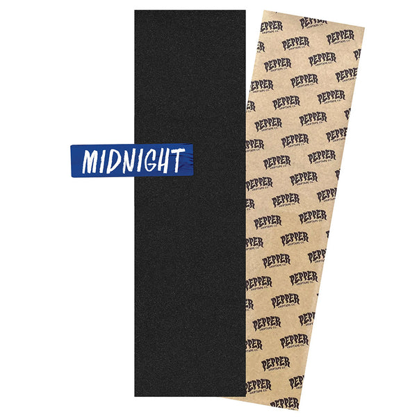 PEPPER GRIPTAPE MIDNIGHT BLACK by PEPPER features a rectangular black textured surface on one side and a brown backing labeled "PEPPER" on the other, with “MIDNIGHT” printed in blue text.