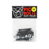 A bag of GIRL PIG BOLTS 1.5" Phillips black skateboard hardware with nuts, ideal for riser pads; features branded top label.