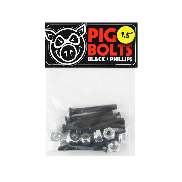 A bag of GIRL PIG BOLTS 1.5" Phillips black skateboard hardware with nuts, ideal for riser pads; features branded top label.