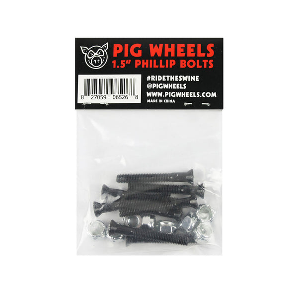A package of GIRL PIG BOLTS 1.5" PHILLIPS skateboard hardware, complete with nuts—ideal for risers or setups needing longer bolts—shown in a clear plastic bag with labeled header card.