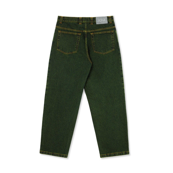 Back view of a pair of POLAR '93! DENIM CHARTREUSE / BLUE by POLAR, dark green, semi baggy fit, straight-leg denim jeans with two back pockets and belt loops, made from 100% cotton.