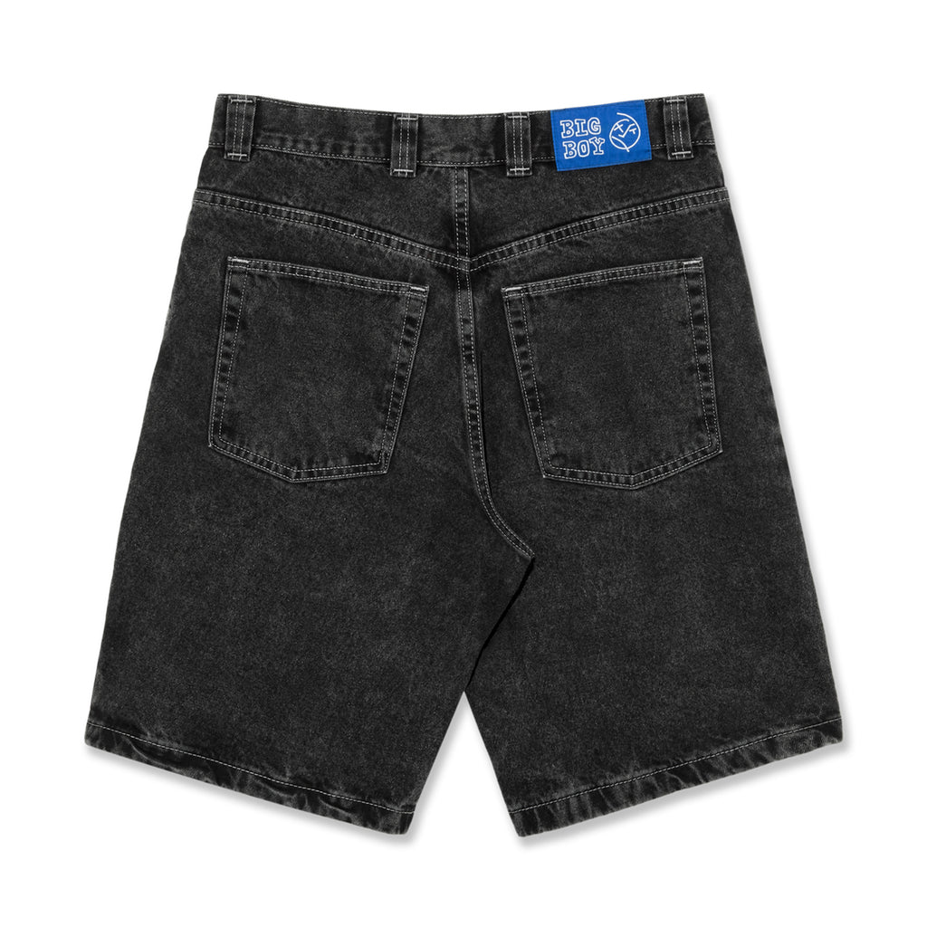A POLAR black jean shorts with a blue label on the back.