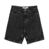 A picture of POLAR black jean shorts on a white background.
