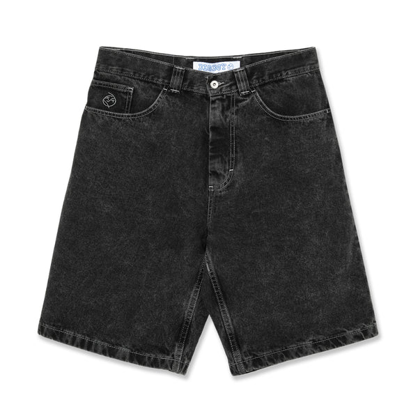 A picture of POLAR black jean shorts on a white background.