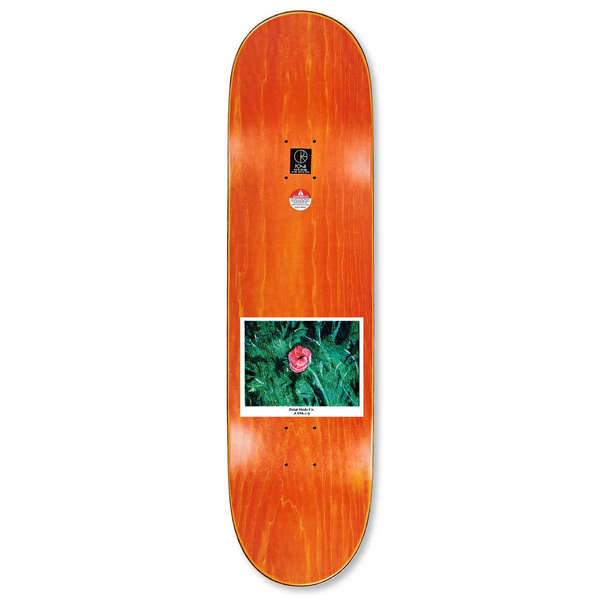 A POLAR skateboard with a picture of a flower on it.