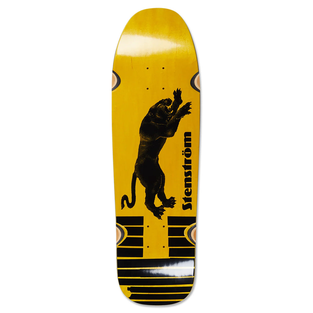 Yellow skateboard deck decorated with a dynamic black panther design, prominently showcasing "Stenström" in the center, enhanced by precision-engineered wheel wells. Product: POLAR DAVID STENSTRÖM TAPE AND PANTHER WHEEL WELLS by POLAR.