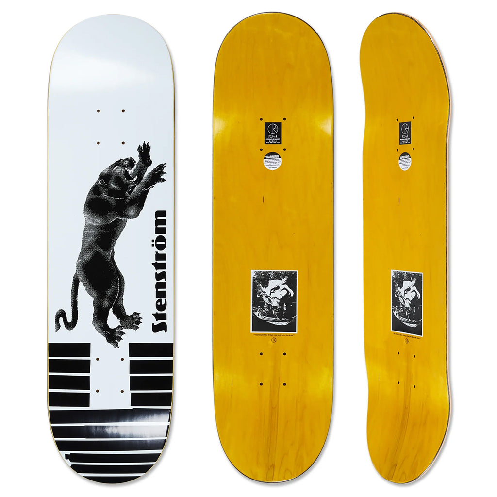 Explore our collection of skateboard decks, including the POLAR DAVID STENSTRÖM TAPE AND PANTHER WHITE, designed in a sleek shape and showcasing a striking black panther graphic on a white background. The other two decks are vibrant yellow adorned with small black and white graphics. Each deck comes equipped with precision wheel wells to ensure an enhanced ride experience.