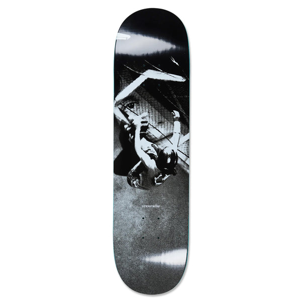 Introducing the POLAR DAVID STENSTRÖM TOBA skateboard by POLAR, featuring David Stenström's distinctive style. This board showcases a striking black and white image of a skateboarder in action against a simple backdrop, perfectly complemented by edgy panther graphics for an enhanced sleek design.