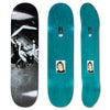 The collection includes three skateboard decks: one showcasing a black-and-white image of a skateboarder and two teal POLAR DAVID STENSTRÖM TOBA decks adorned with small photos of a person.