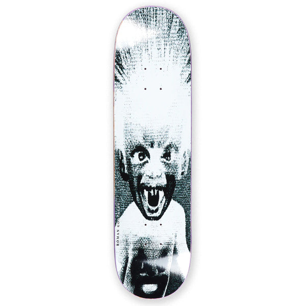 A skateboard deck with a grainy, black and white image of a child screaming.