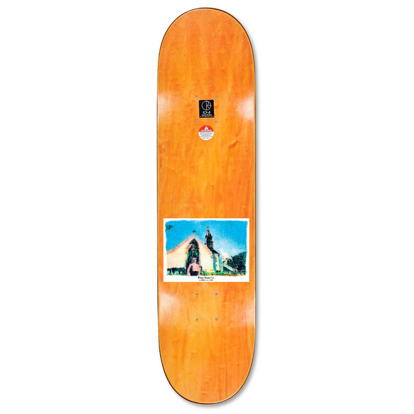 A POLAR skateboard with a picture of a man riding a skateboard.