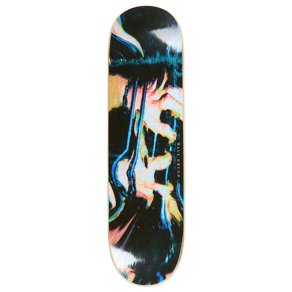 A skateboard deck with a distorted image of hands chained and holding onto bars.
