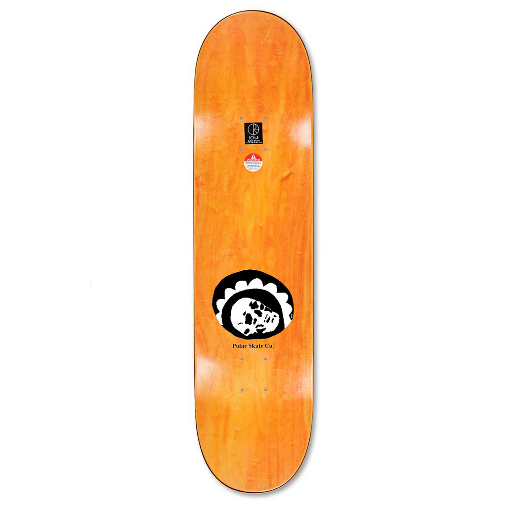 A POLAR skateboard with a skull and crossbones on it.