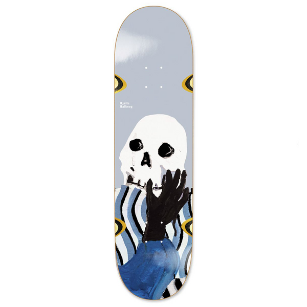 A POLAR skateboard with an image of a skeleton on it.