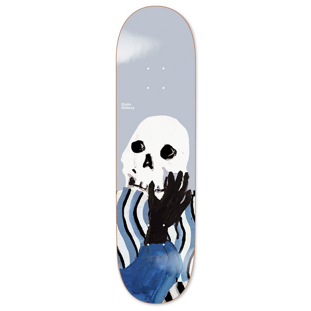 A POLAR skateboard with an image of a skeleton on it.