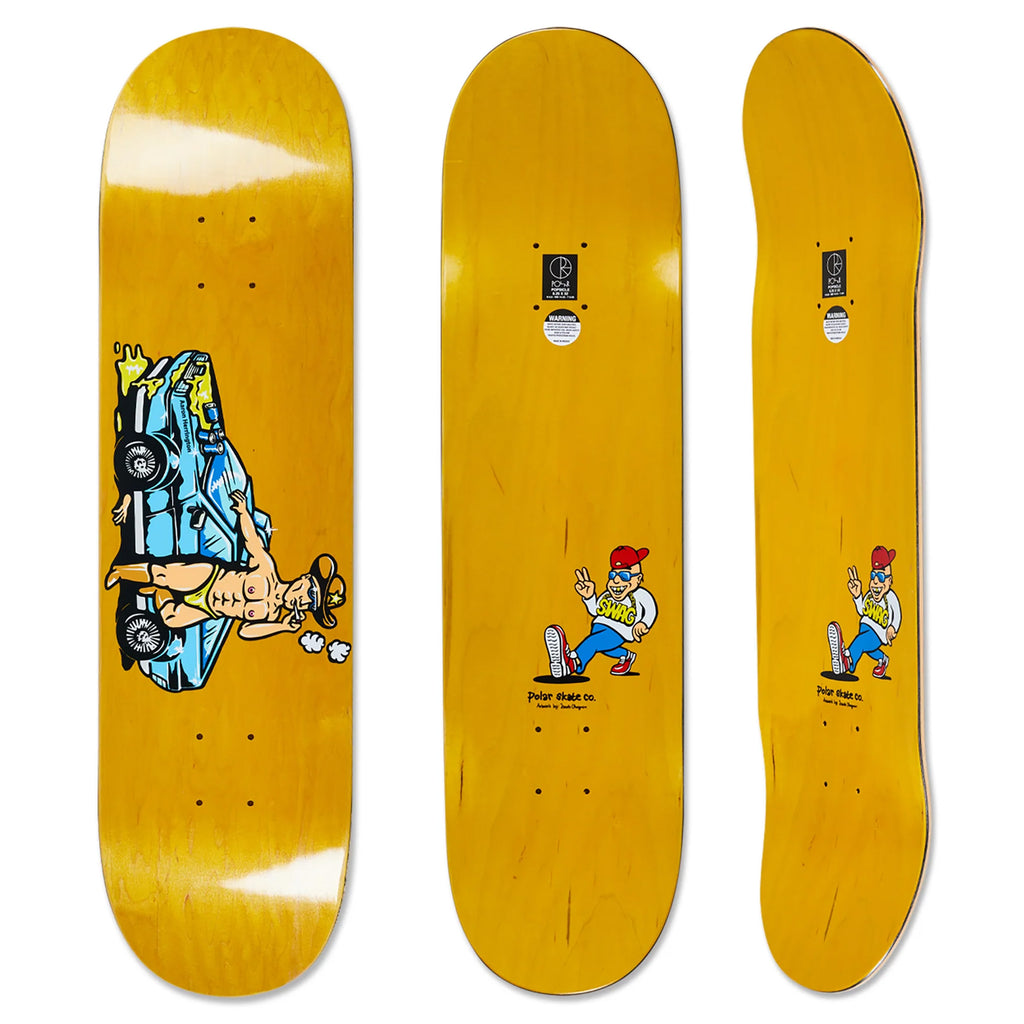 Three yellow skateboard decks with cartoon graphics: one of them features a person crashing through a car, while the other two are part of the POLAR HERRINGTON collection and showcase the signature model "POLAR HERRINGTON COWBOY COP," complete with the classic red hat design by Aaron Herrington.