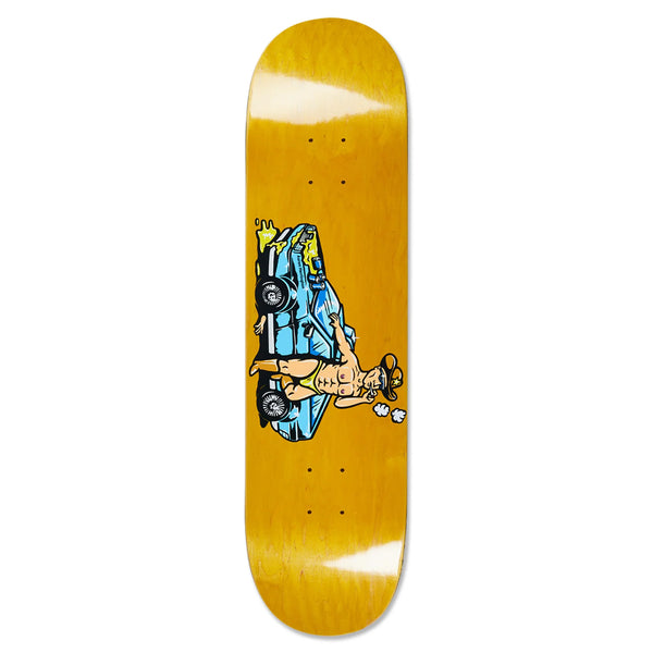 This skateboard boasts the POLAR HERRINGTON COWBOY COP graphic, showcasing a cartoon-style cowboy with a smoking gun next to a blue car on a yellow wooden deck.