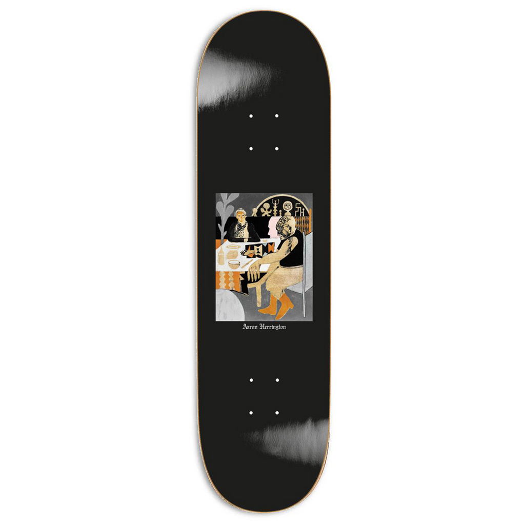 A black POLAR skateboard with a picture on it.
