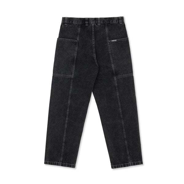 A pair of black POLAR JIRO PANTS SILVER BLACK, straight-leg jeans with large patch pockets on the front, double-stitched seam details, and an oversized fit for ultimate comfort.