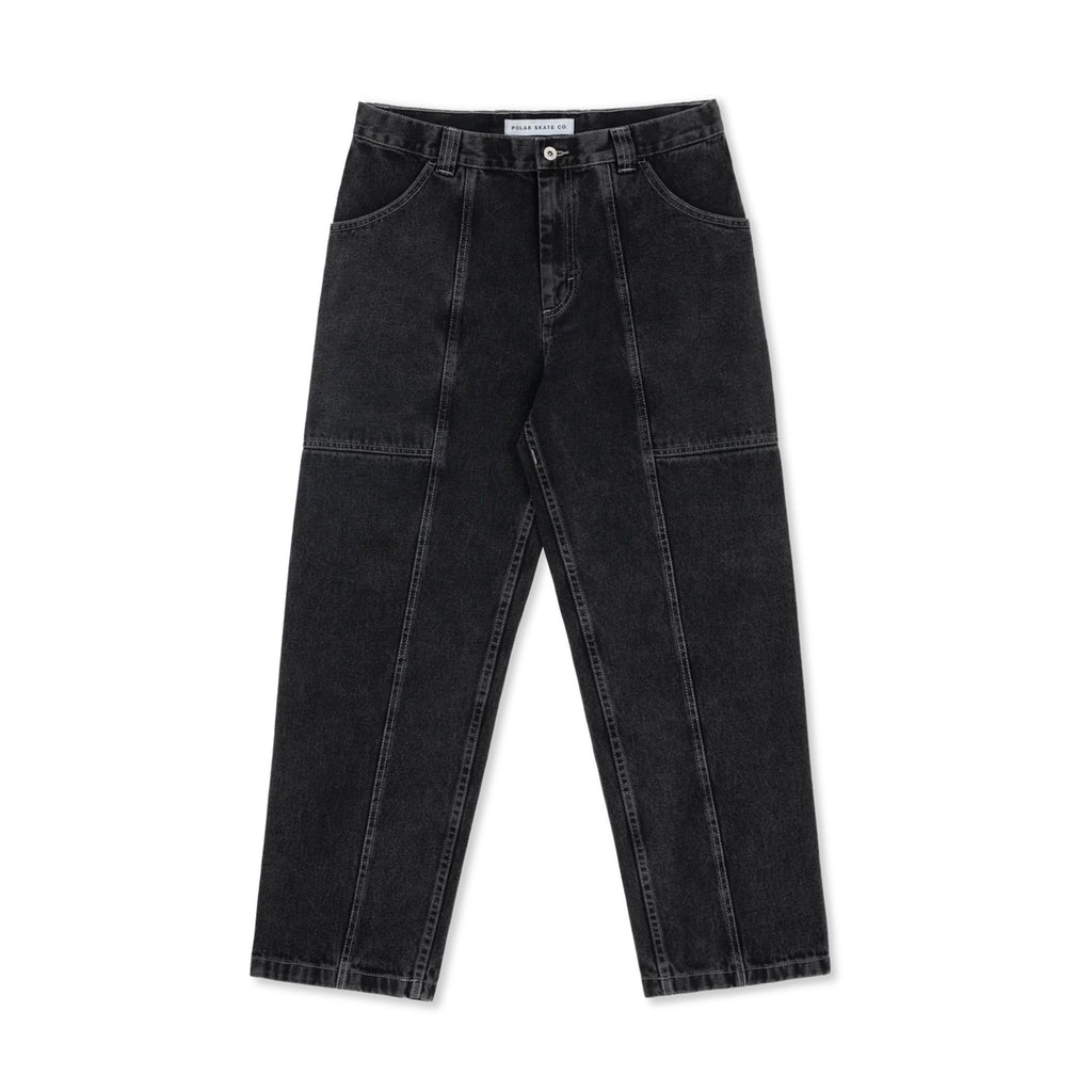 A pair of POLAR JIRO PANTS SILVER BLACK in black denim fabric with a high waist and wide leg design. These jeans feature visible seams running down the front and back of the legs, offering an oversized fit for a trendy, comfortable look.