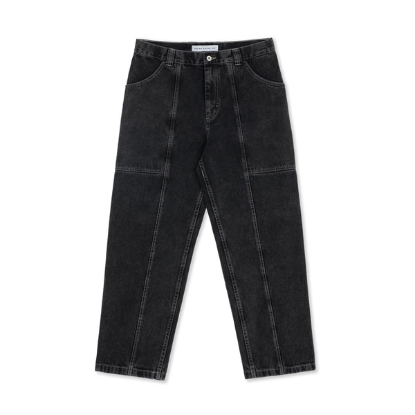 A pair of POLAR JIRO PANTS SILVER BLACK in black denim fabric with a high waist and wide leg design. These jeans feature visible seams running down the front and back of the legs, offering an oversized fit for a trendy, comfortable look.