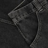 Close-up view of the waistband and pocket of dark gray POLAR JIRO PANTS SILVER BLACK denim jeans with visible stitching, showcasing their Silver Black hue. Made from 100% cotton, these jeans offer both comfort and style.