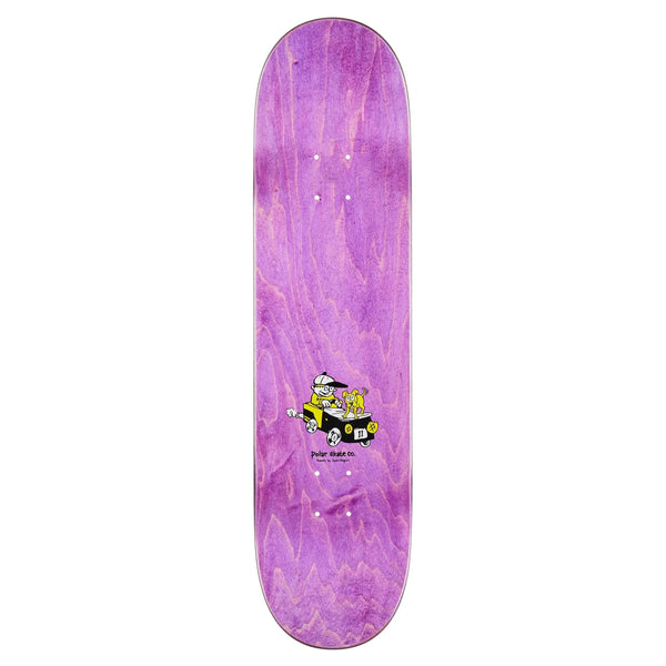The POLAR LAURENT BUS STOP skateboard deck by POLAR features a purple wood grain finish and a small cartoon of a dog and cat in a car near the center.