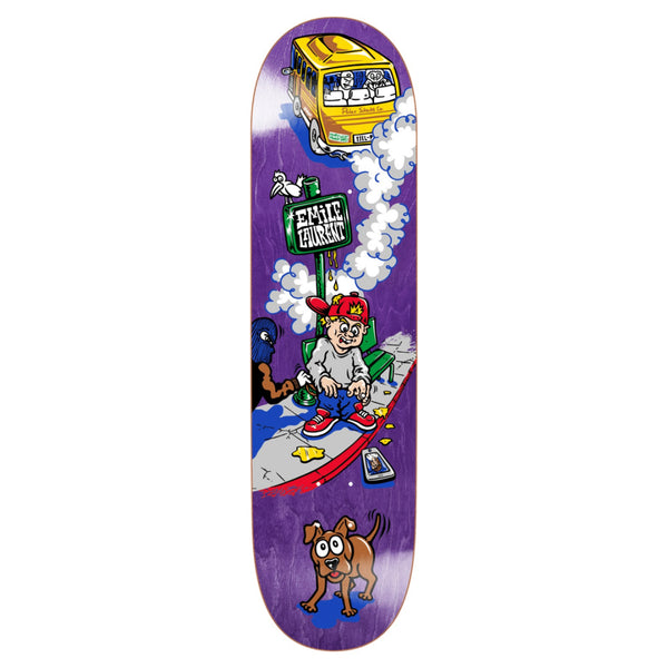 The POLAR LAURENT BUS STOP skateboard deck by POLAR showcases Jacob Ovgren’s cartoon art of a boy skating by a dog, a street sign, and a yellow bus with passengers on a vibrant purple background.