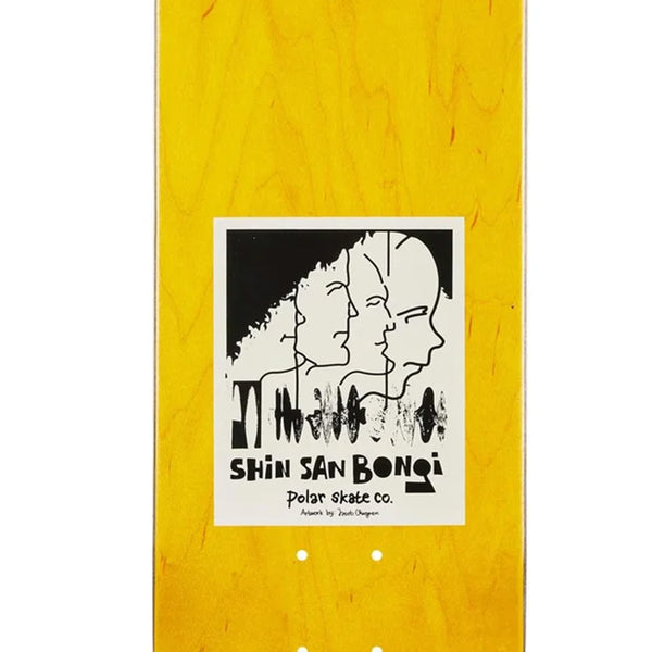 The POLAR SANBONGI FANZILLA P9 skateboard deck by POLAR is yellow and showcases abstract black-and-white line art of overlapping faces, with "Shin San Bonqi Polar Skate Co." printed at the bottom.