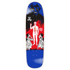 The POLAR SANBONGI FANZILLA P9 skateboard deck by POLAR, 8.625", displays a white and red human with raised hand, kneeling figures, and a large blue face on a vivid red and blue background.