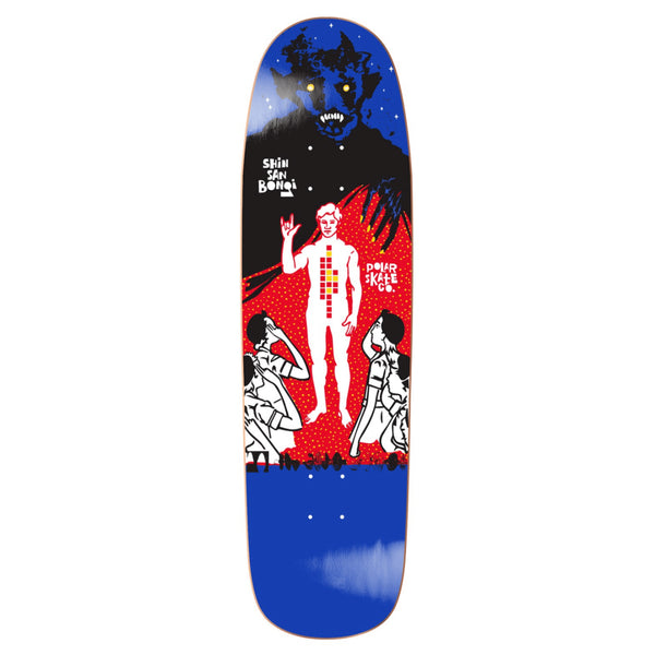 The POLAR SANBONGI FANZILLA P9 skateboard deck by POLAR, 8.625", displays a white and red human with raised hand, kneeling figures, and a large blue face on a vivid red and blue background.