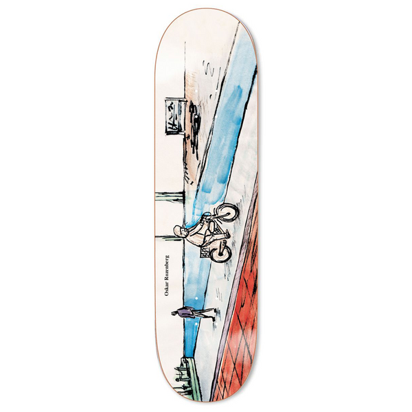 A POLAR skateboard with a drawing of a man riding a bike.
