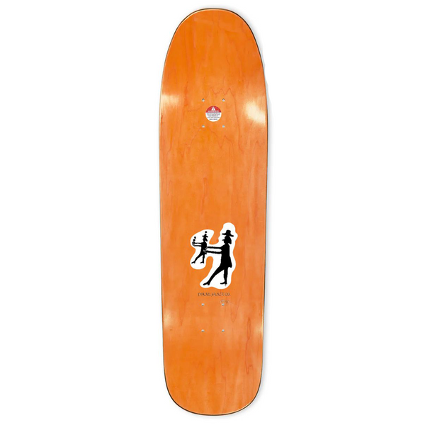 A POLAR skateboard with a silhouette of a man riding a POLAR skateboard featuring the SANBONGI CONTACT WHEEL WELLS.