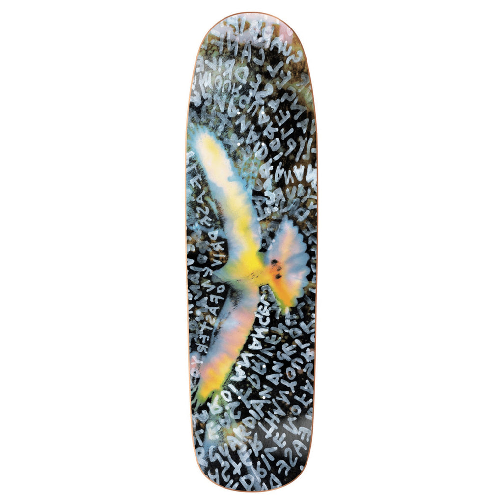 The POLAR SEARCHING FOR PEACE P9 skateboard deck by POLAR features a painted yellow bird in flight amid overlapping white letters and numbers on a dark background.