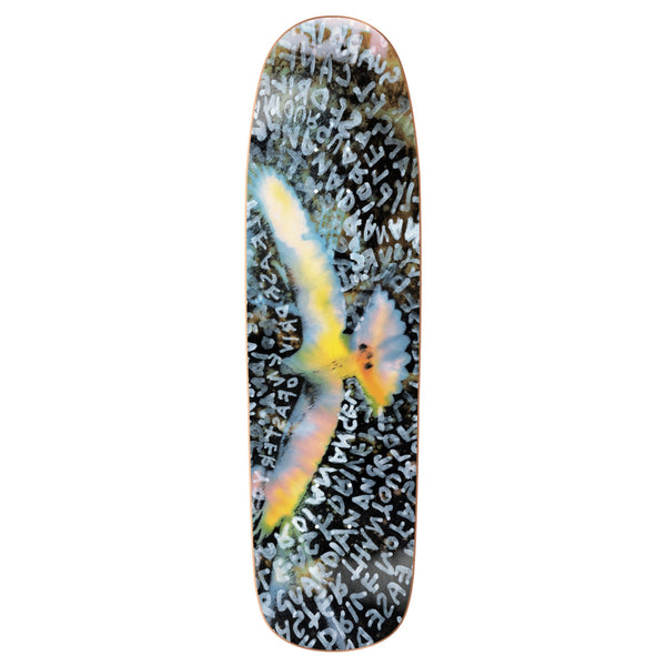 The POLAR SEARCHING FOR PEACE P9 skateboard deck by POLAR features a painted yellow bird in flight amid overlapping white letters and numbers on a dark background.