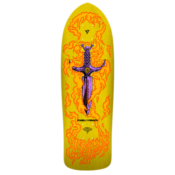 A vibrant yellow skateboard deck with an illustrated sword encircled by flames, featuring graphic text elements from the Powell Peralta Bones Brigade Series 15 Guerrero.