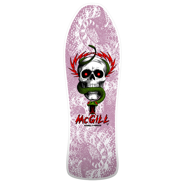 Graphic skateboard deck with a skull and snake design and the name "McGill" from the POWELL PERALTA BONES BRIGADE SERIES 15 MCGILL by POWELL PERALTA.