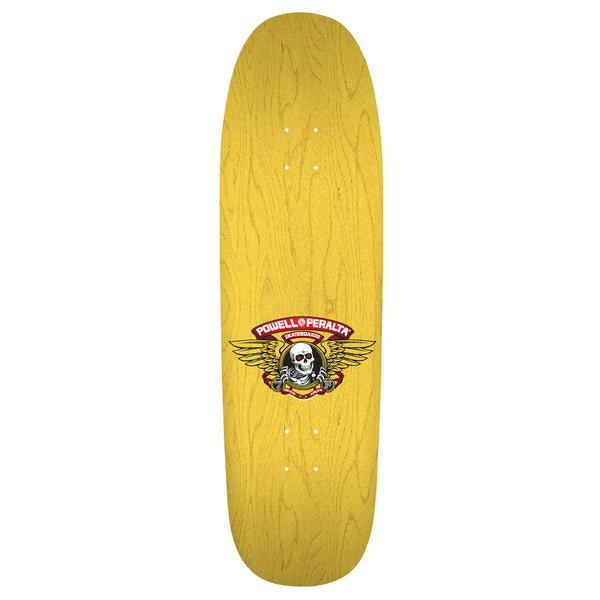A yellow skateboard with a POWELL PERALTA CABALLERO BAN THIS DRAGON REISSUE YELLOW skull on it.