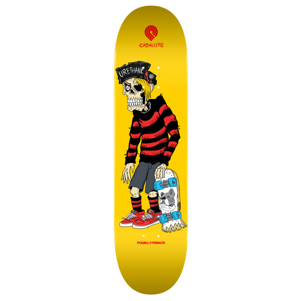 A yellow skateboard with a cartoon skeleton on it featuring the keyword "POWELL PERALTA CABALLERO URETHANE" by POWELL PERALTA.