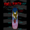 A POWELL PERALTA FLIGHT ANDY ANDERSON BABY HERON skateboard with the deck shape featuring the words POWELL PERALTA and possibly the name ANDY ANDERSON on it.