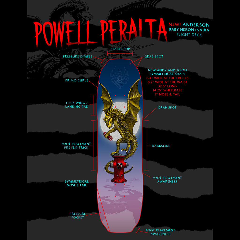A POWELL PERALTA FLIGHT ANDY ANDERSON BABY HERON skateboard with the deck shape featuring the words POWELL PERALTA and possibly the name ANDY ANDERSON on it.