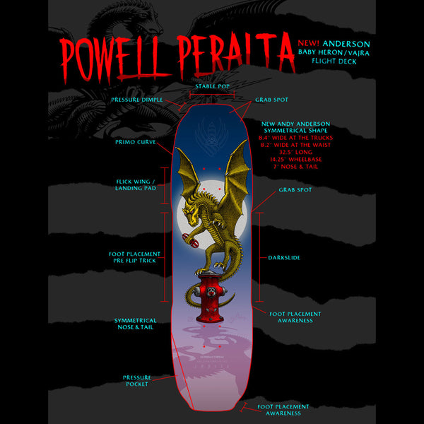 A POWELL PERALTA FLIGHT ANDY ANDERSON BABY HERON skateboard with the deck shape featuring the words POWELL PERALTA and possibly the name ANDY ANDERSON on it.