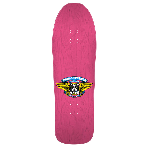 A pink skateboard with a POWELL PERALTA FRANKIE BULL DOG REISSUE PINK logo on it.