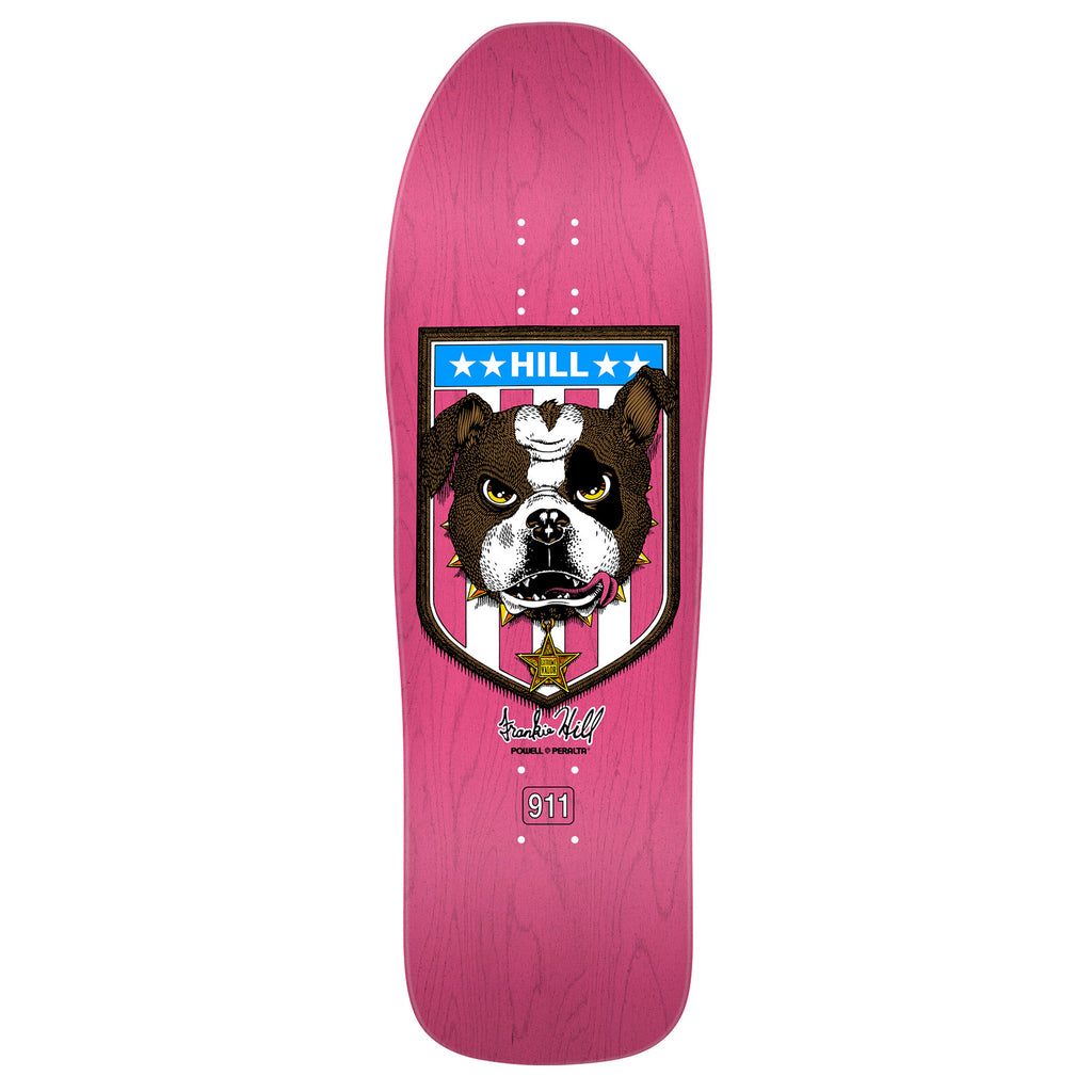 A pink skateboard with an image of a bulldog, Powell Peralta's Frankie Bull Dog Reissue Pink.