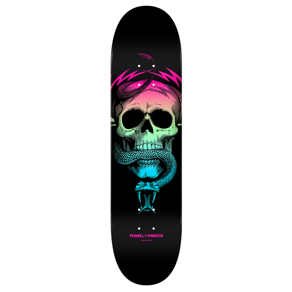 A POWELL PERALTA MCGILL SKULL & SNAKE FADE BLUE skateboard with a skull on it.